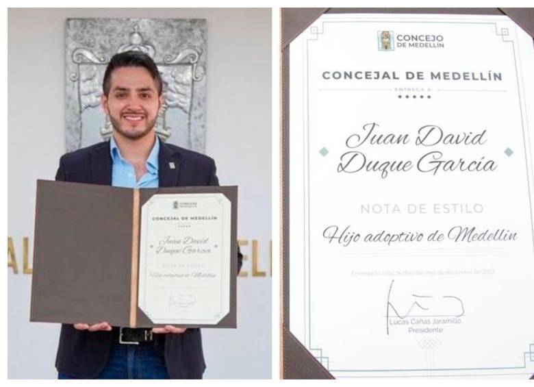Fotografía publicada por el exsecretario Privado, Juan David Duque, mostrando el supuesto reconocimiento entregado por el Concejo. FOTO: ARCHIVO PARTICULAR
