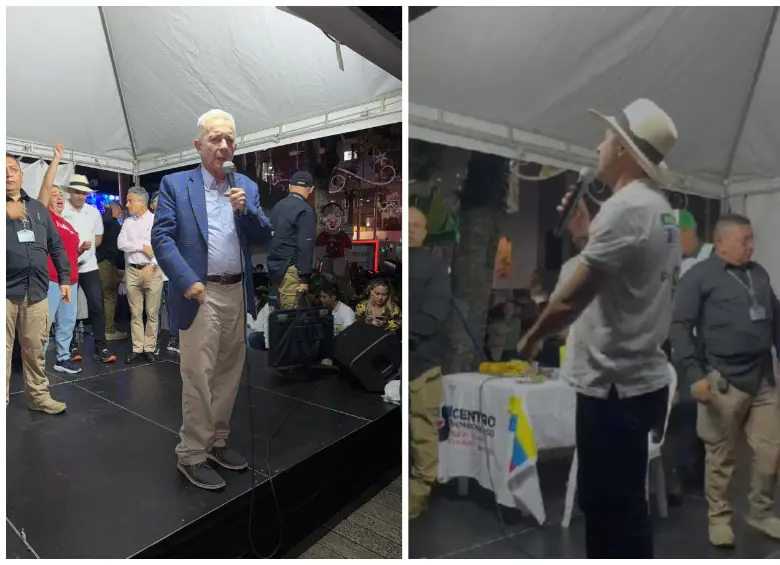 El expresidente Álvaro Uribe y el senador Andrés Guerra durante el evento en Itagüí en el que apagaron las luces. FOTOS: Cortesía