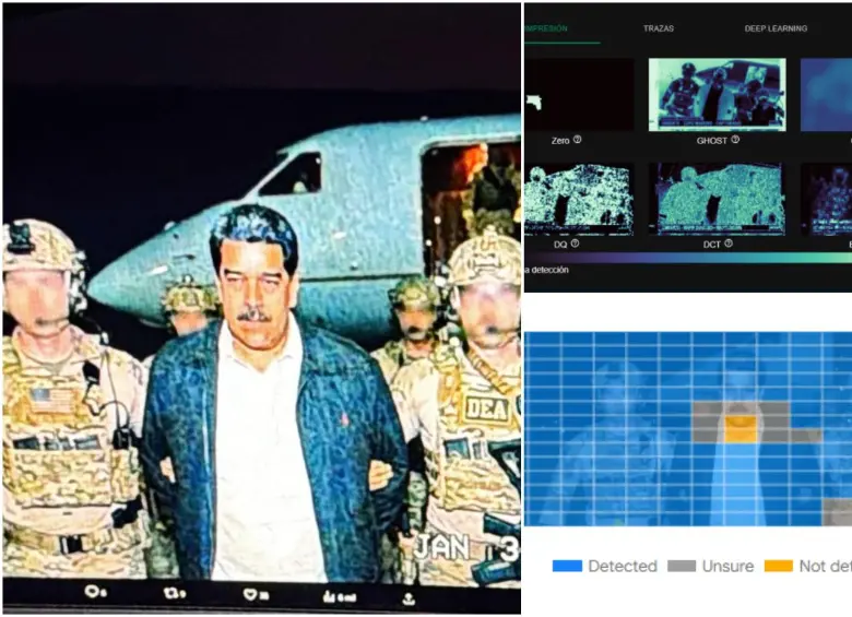 La imagen en la que se aprecia a Nicolás Maduro siendo conducido por militares estadounidenses fue generada con IA de Google. FOTO: Cortesía