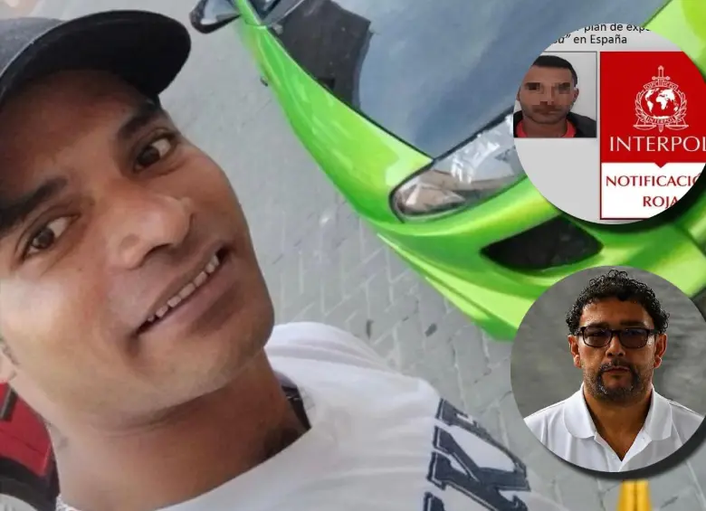 En la imagen principal, alias El Negro Álex; en la miniatura superior la notificación roja de Interpol indicando su búsqueda y captura; en la miniatura inferior, Gustavo Adolfo Pérez Peña, alias El Montañero. FOTOS CORTESÍA, X de Fico Gutiérrez y ARCHIVO EL COLOMBIANO. 