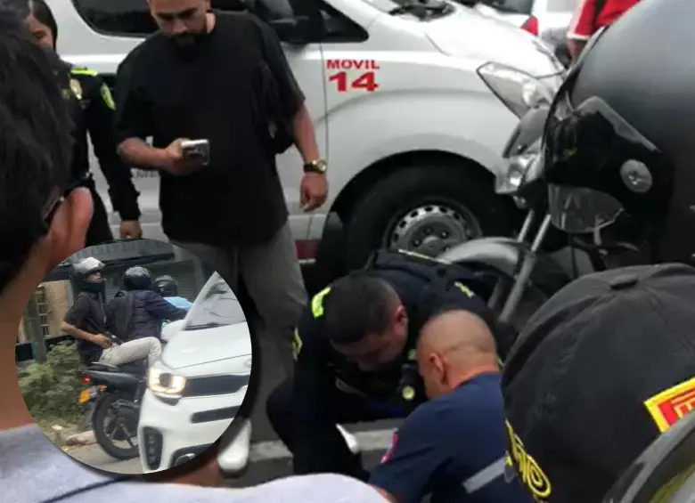 En la imagen principal, el fletero herido recibiendo atención pre hospitalaria. En el detalle, los presuntos cómplices quienes huyeron del sitio en otra motocicleta. FOTOS CORTESÍA.