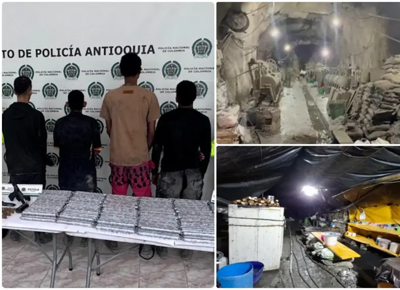 Los cuatro capturados son señalados de trabajar como guardias y escoltas armados en los túneles invadidos de la mina de Zijin en Buriticá. FOTOS: Cortesía Policía y Fiscalía