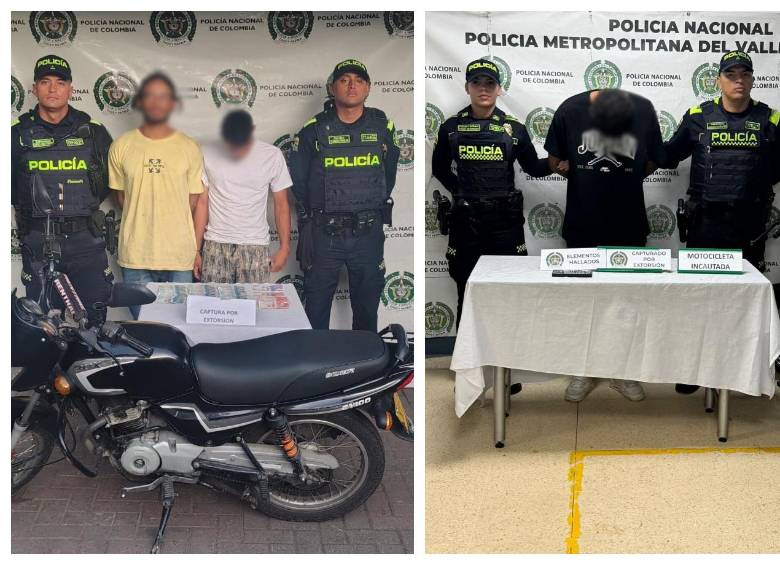 A la izquierda, los dos hombres capturados en San Javier, a la derecha, el sujeto detenido en Laureles. FOTO Cortesía Policía Metropolitana. 