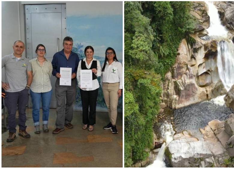 A la izquierda, la foto del acuerdo entre Corantioquia y la organización Nature and Culture International; a la derecha, una imagen de una de las microcuencas de los Farallones del Citará. FOTOS Corantioquia.