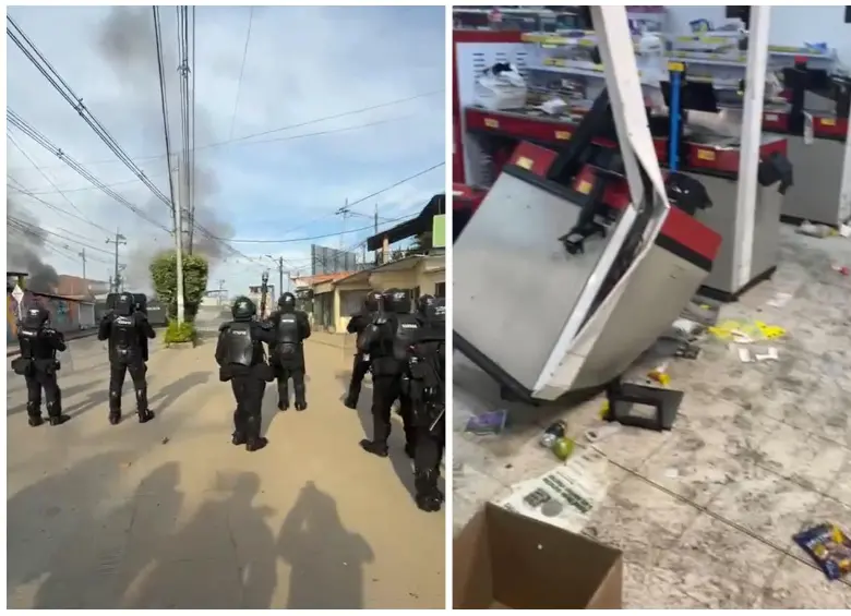 A la izquierda, la intervención de la Fuerza Pública en el Bagre ante los desmanes de las manifestaciones; a la derecha, un supermercado saqueado en Caucasia. IMÁGENES TOMADAS DE REDES SOCIALES.