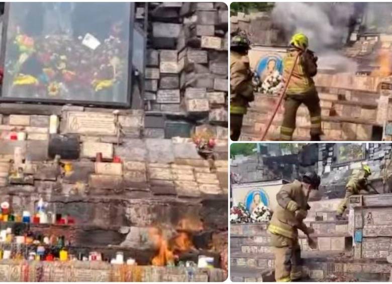 Varias veladoras dejadas en la virgen de La Aguacatala quedaron envueltas en llamas y tuvieron que ser apagadas por los bomberos. FOTOS: Cortesía