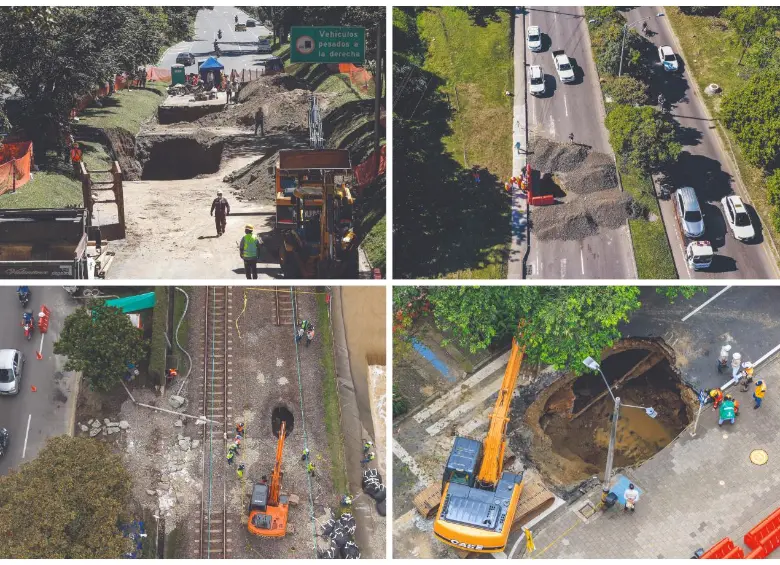 Arriba: socavación que apareció en la Regional en agosto de 2022 y el hundimiento súbito que se presentó sobre la avenida Paralela en mayo de 2023. Abajo: el hueco que apareció en la línea férrea del metro, cerca a la 4 Sur en octubre de 2025; y el boquete en la Av. El Poblado tras colapso de la cobertura de la quebrada La Presidenta esta semana. FOTOS Camilo Suárez y Manuel Saldarriaga
