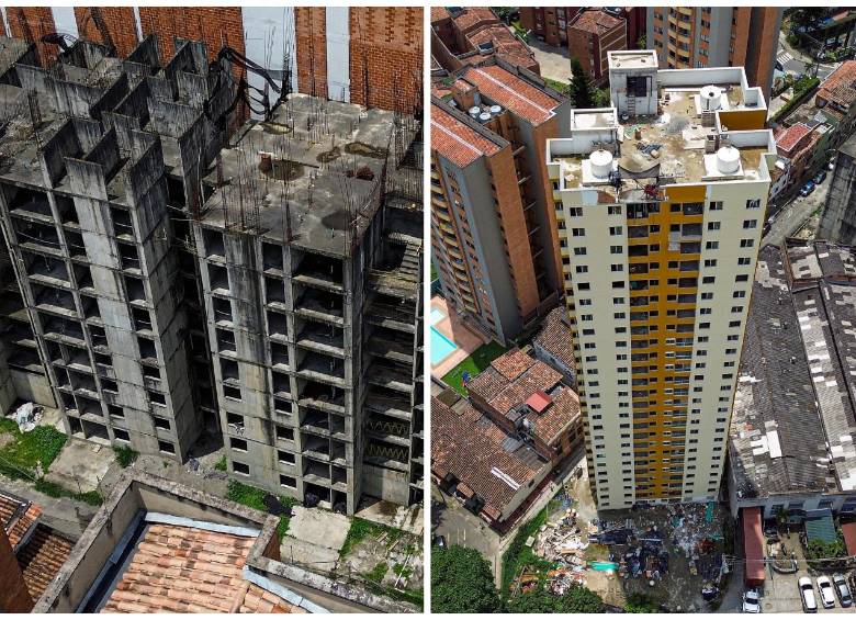 La foto de la izquierda corresponde a las dos torres de Santa Ana, que tienen un avance de obra del 36%; en la imagen de la derecha el edificio San Joaquín, el cual, según el Fovis, se entregaría a finales de marzo de este año. FOTOS Manuel Saldarriaga.
