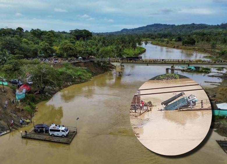 En la imagen principal, los planchones artesanales cruzando el río San Juan, en Urabá. En miniatura, el incidente que involucró a un camión. FOTOS EL COLOMBIANO Y CORTESÍA. 