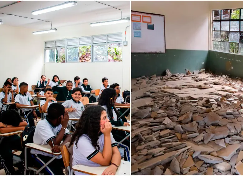 Aspecto de la escuela Fidel Antonio Saldarriaga, antes y después de la intervención. FOTO: Cortesía