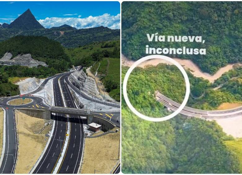 Pese a ya estar casi terminada, Pacífico 1 todavía está pendiente de concluir un tramo crítico en el sector de La Sinifaná, afectado por un derrumbe en 2019. FOTOS: Manuel Saldarriaga y Cortesía Gobernación de ANtioquia