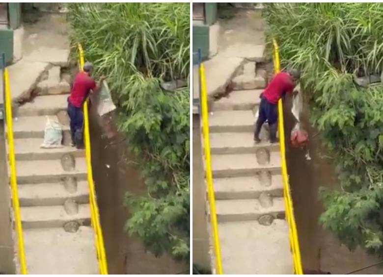 Así quedó captado uno de los ciudadanos que arrojó escombros a una quebrada en Medellín. Imagen tomada de redes sociales.