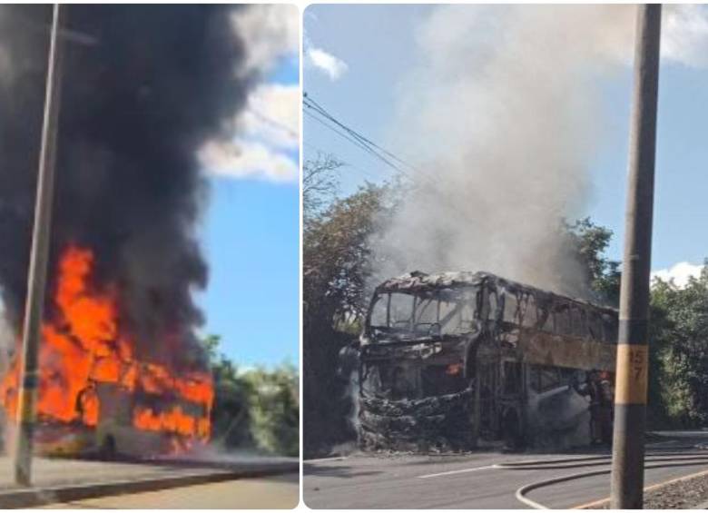 El bus se incendió cuando se desplazaba en sentido Bogotá - Medellín. FOTO: Cortesía Denuncias Antioquia