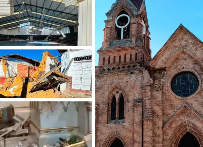 La fachada de la iglesia principal de Venecia (derecha), sufrió afectación en una de sus cúpulas. A la izquierda: daños en Sonsón y en la iglesia de Jardín. FOTOS Cortesía. 