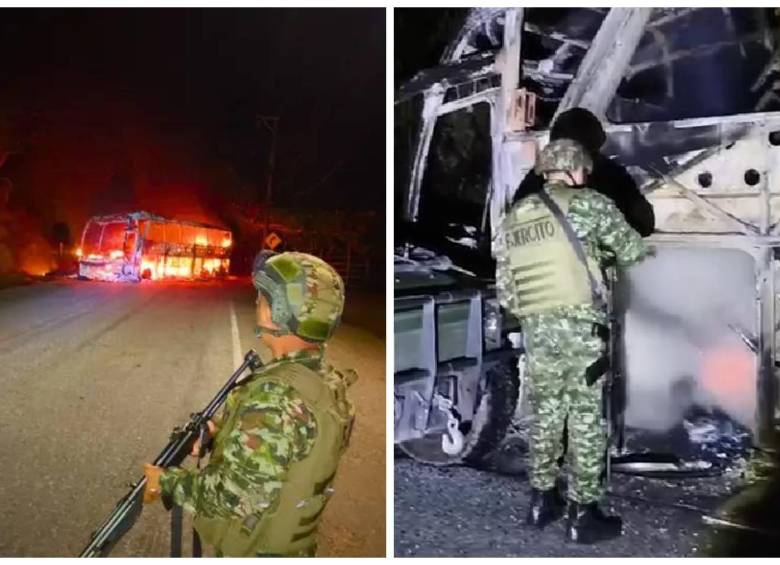 En Antioquia, uno de los hechos más graves por el paro armado del ELN fue la quema de un bus en el sector La Paulina, en Valdivia. FOTOS: Cortesía Ejército