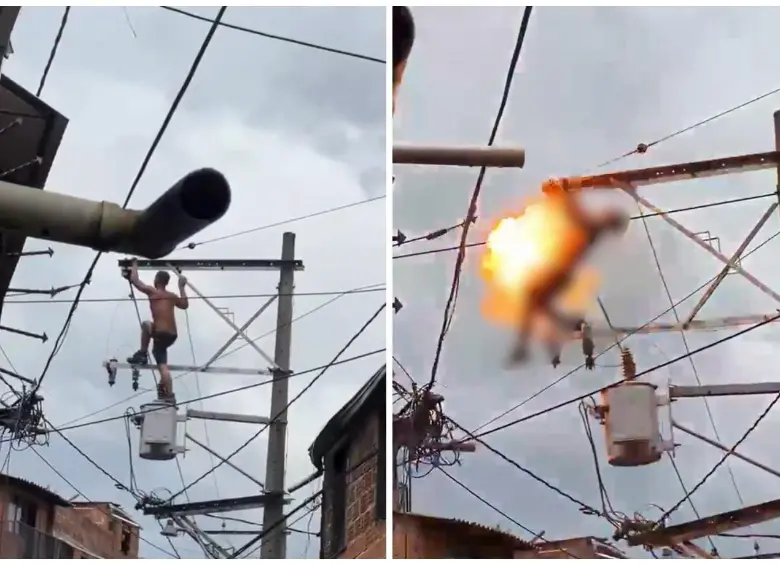 Momento exacto en el que el hombre recibe la descarga eléctrica al estar trepado en un poste. Imágenes tomadas de video de redes sociales.