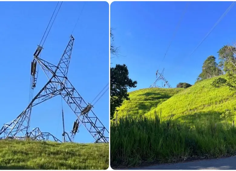 Así quedó una de las torres de energía afectadas por el atentado atribuido por las autoridades a las Disidencias de las Farc en Yolombó, Antioquia. FOTO: Cortesía
