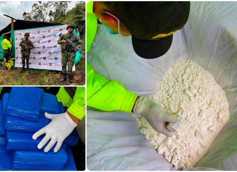 El laboratorio de droga del Clan del Golfo fue encontrado en inmediaciones de la vereda Chapa Alta, de Barbosa. FOTOS: Cortesía Cuarta Brigada Ejército