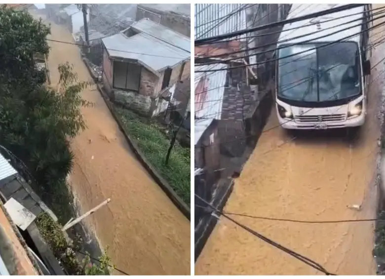 Así se inundaron las calles de Manrique Oriental producto de las fuertes lluvias en Medellín. FOTO Denuncias Antioquia.