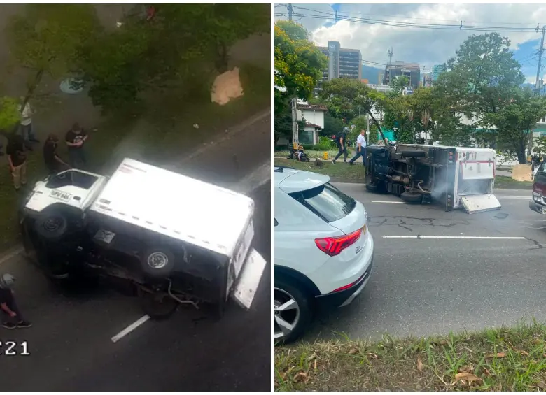 Así quedó el camión volcado en la avenida Regional. FOTOS Denuncias Antioquia. 