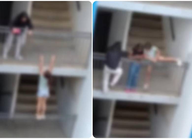 El peligroso juego de las niñas en un edificio de la Ciudadela Nuevo Occidente quedó captado en video. FOTO: Cortesía Denuncias Antioquia