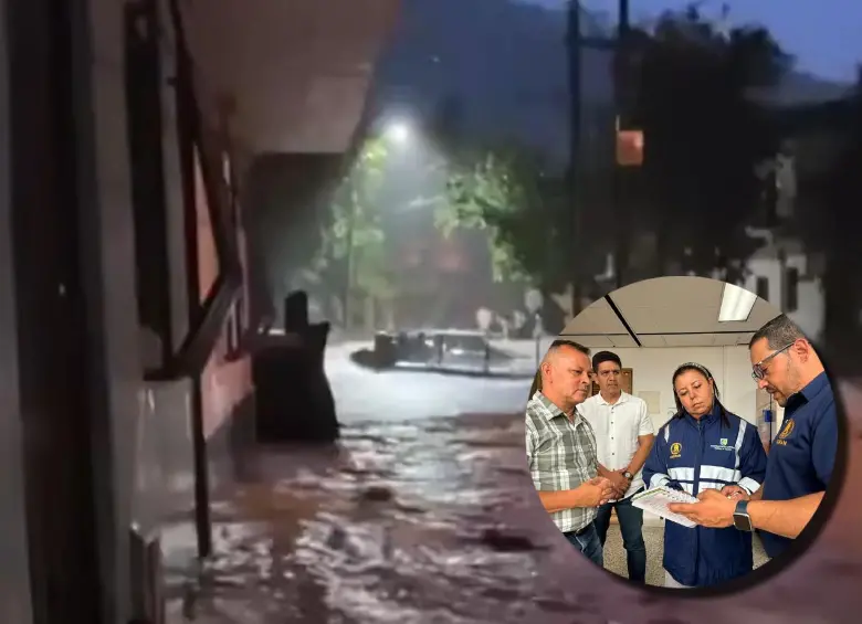 En la imagen principal, las inundaciones registradas en Caracolí. En la miniatura, los organismos de socorro reunidos tras las emergencias reportadas. FOTOS REDES SOCIALES Y DAGRAN.