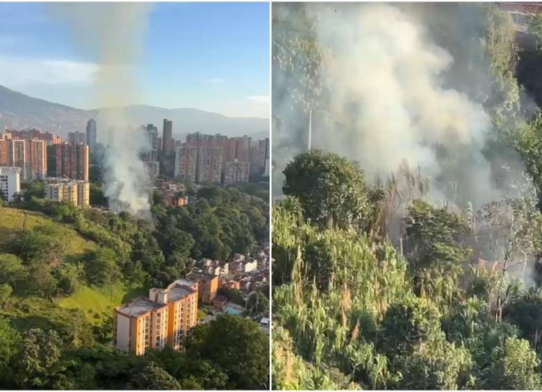 Así se veía, a lo lejos y de cerca, el incendio forestal que alarmó a la comunidad de Belén, cerca a la Loma de Los Bernal. FOTOS Denuncias Antioquia. 