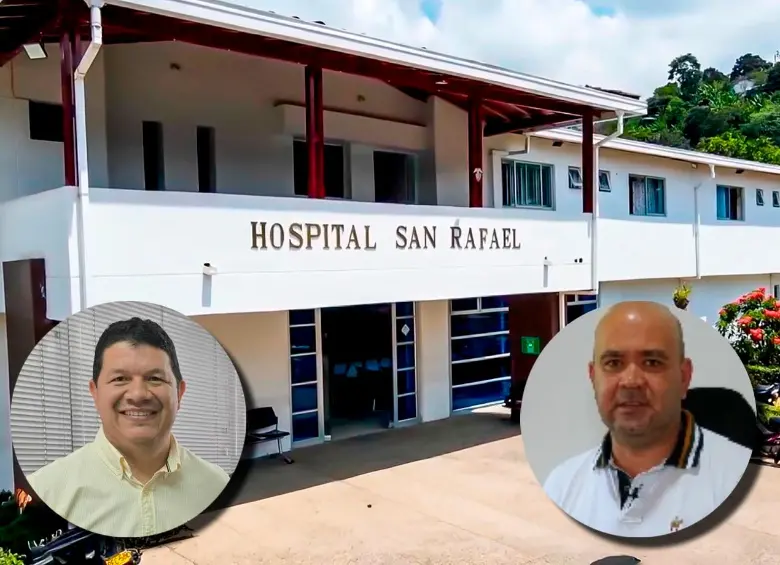 El hospital San Rafael, de Andes, está en una situación financiera difícil a la que se une el problema jurídico originado desde que el alcalde, Germán Vélez, le aceptó la renuncia al director Luis Fabián Otero (der.). FOTOS: Tomadas de redes sociales y captura de video