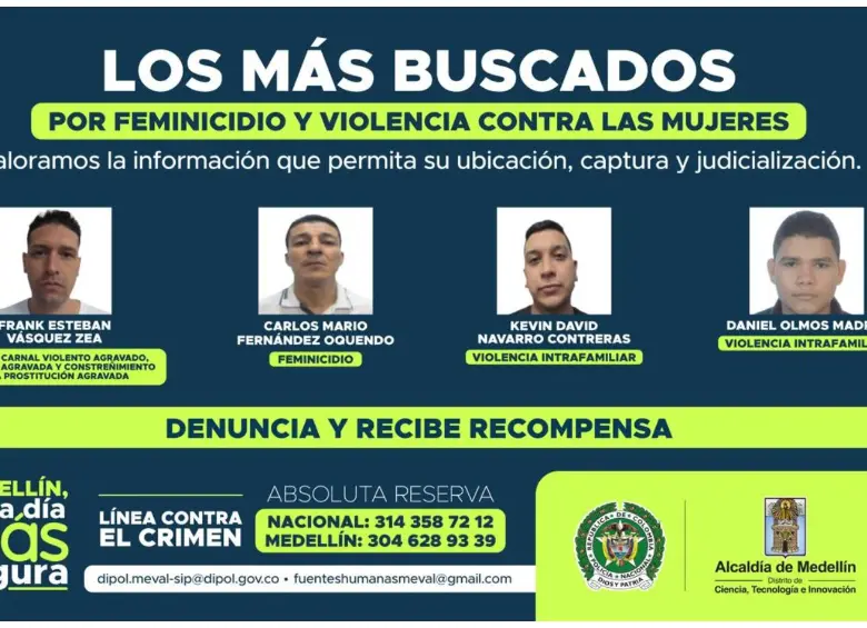 El cartel de los hombres más buscados por delitos de violencia de género en el Valle de Aburrá. FOTO Policía Metropolitana.