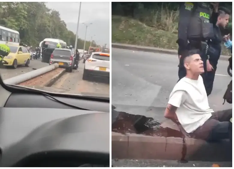 Así quedó el poste, tendido en todo el separado de ambos carriles de la autopista Norte; a la derecha el conductor involucrado. FOTO Denuncias Antioquia.