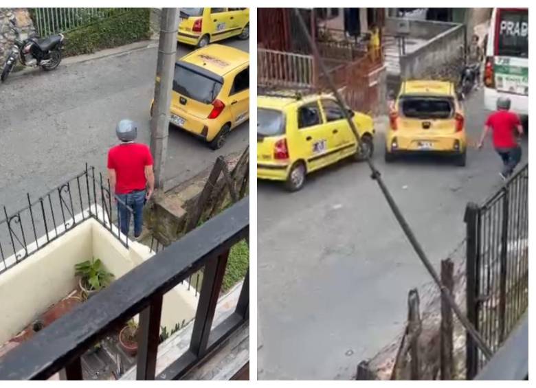 Así quedó captado el momento en el que el taxista, tras chocar otros vehículos aparcados en la vía, huye dando reversa. FOTO Denuncias Antioquia.