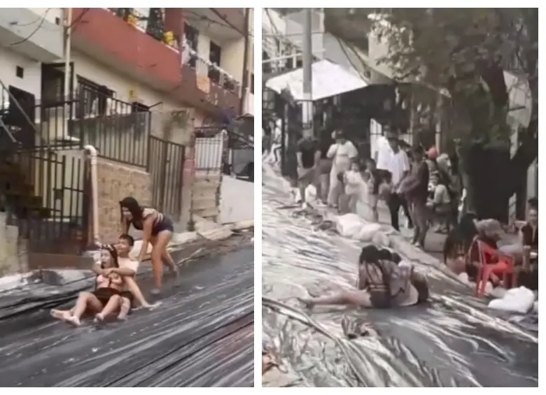 Así se deslizan en la pista jabonosa gigante que improvisaron los habitantes de Castilla. FOTO: Captura de video de redes sociales