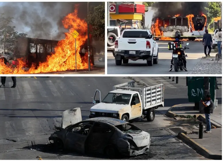 Los diferentes desmanes en Jalisco, México, ante la muerte del capo del narcotráfico Nemesio Oseguera. Imágenes tomadas de redes sociales. 