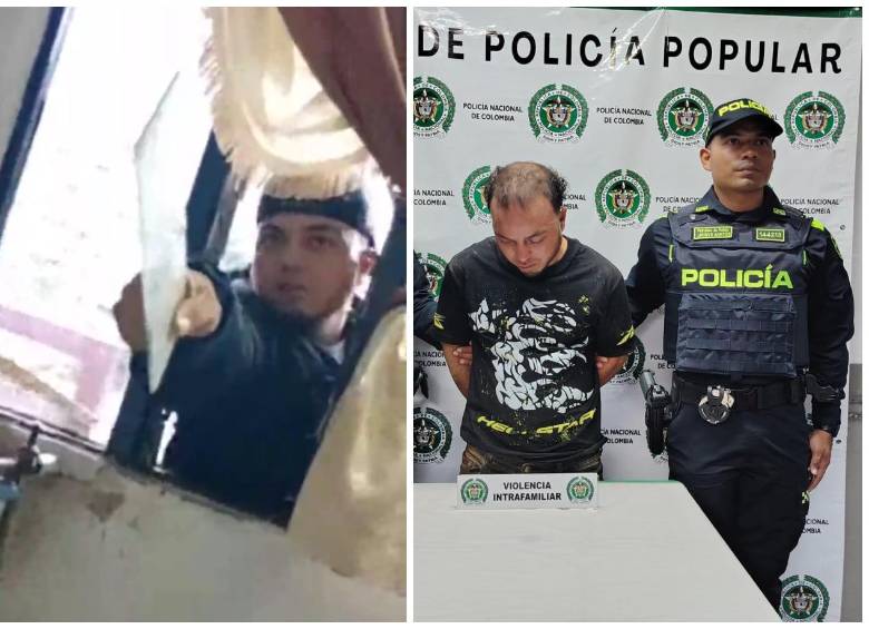 En el lado izquierdo, el momento en el que el sujeto intimida con un fragmento de vidrio a su expareja; al costado derecho, el mismo hombre ya capturado. FOTOS Cortesía.