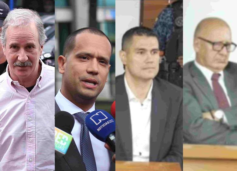 Enrique Pardo Hasche; el abogado Diego Cadena; Juan Guillermo Monsalve y el abogado, Héctor Romero, testigos en el juicio a Álvaro Uribe. Foto: Colprensa y captura de pantalla