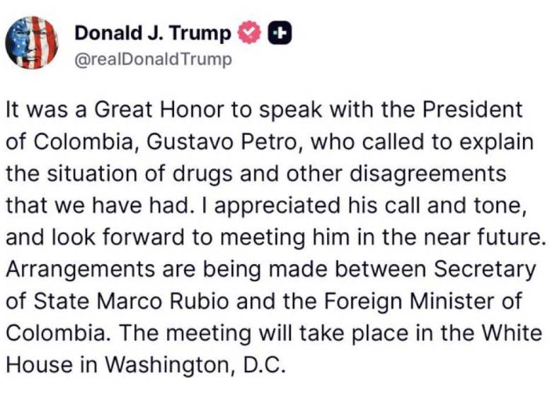 Trump agradece llamada de Petro y anuncia reunión con él próximamente en la Casa Blanca