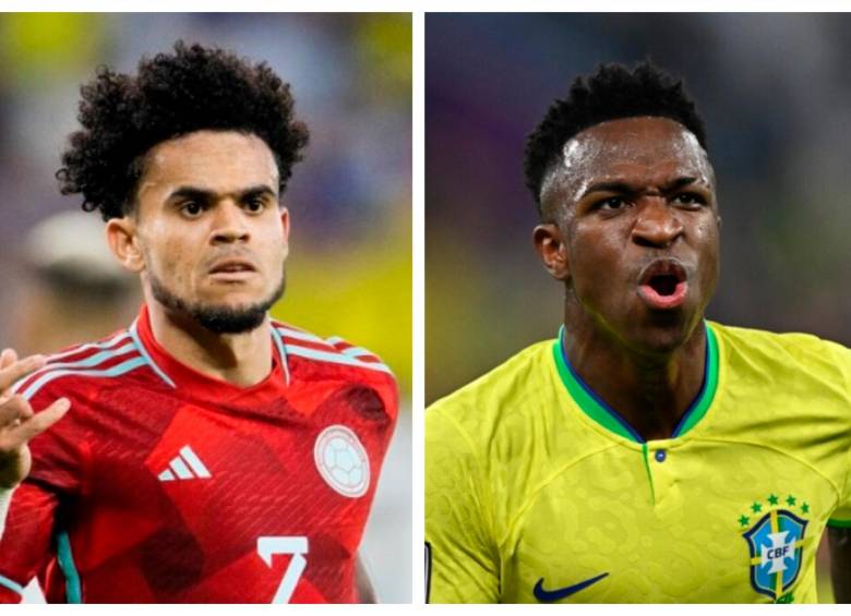 Luis Díaz y Vinícius Junior, dos de las grandes figuras que tendrá el duelo entre Colombia y Brasil. FOTOS AFP