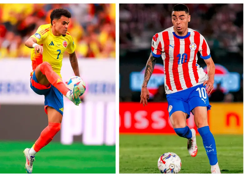 Luis Díaz, de Colombia, y Miguel Almirón, de Paraguay, pueden ser piezas importantes para sus equipos en el duelo entre cafeteros y guaraníes. FOTOS GETTY