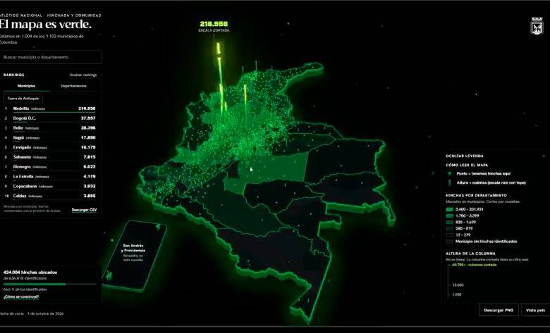 El mapa interactivo de cómo se reparten los hinchas de Nacional en el país. Foto: captura de pantalla