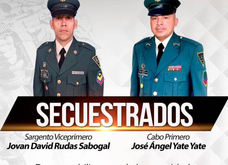Los dos militares secuestrados por el ELN fueron identificados como el sargento viceprimero Jovan David Rudas Sabogal y el Cabo Primero José Ángel Yate Yate. FOTO: CORTESÍA EJÉRCITO