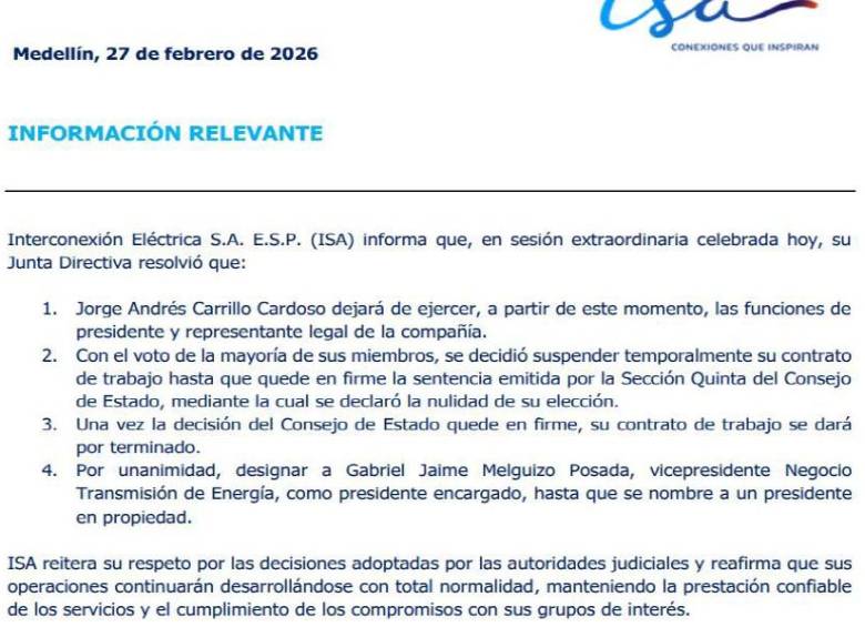 Información relevante de ISA.
