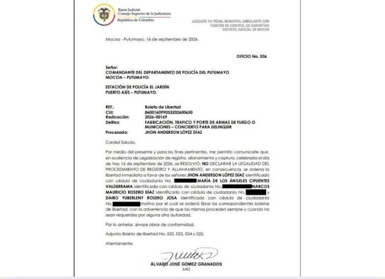 La decisión judicial se produjo durante la audiencia de legalización del registro, allanamiento y captura de los cuatro señalados. FOTO: Redes sociales. 