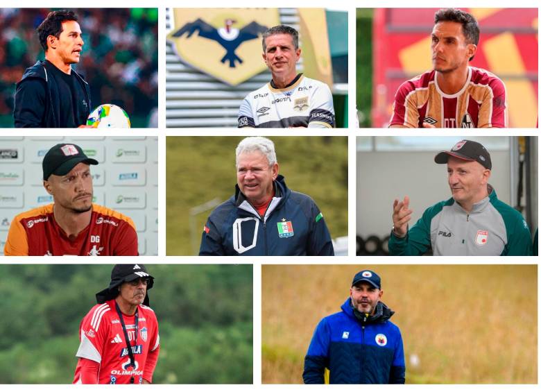 Los ocho técnicos que disputarán los playoffs. De izquierda a derecha y de arriba hacia abajo están Diego Arias, Ricardo Valiño, Lucas González, David González, Hernán Darío Herrera, Pablo Repetto, Alfredo Arias y Jonathan Risueño. FOTOS EL COLOMBIANO Y DIMAYOR