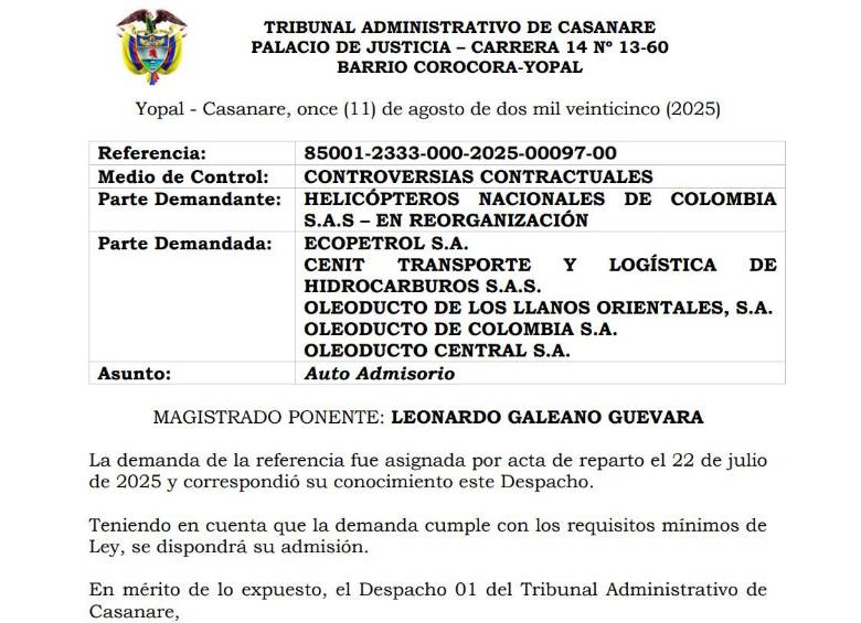 Admisión de la demenda contra Ecopetrol.