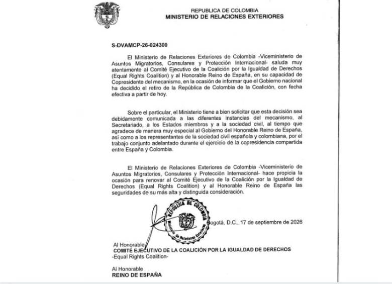La decisión de la Cancillería tiene efecto desde el 17 de septiembre y supone el retiro de Colombia de la copresidencia de la coalición junto con España. FOTO: Bogotá Diversa. 