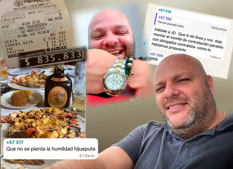 En una de las conversaciones, Miguel Quintero habría hecho alarde de una cuenta de $836.000 que pagó en Cartagena por un almuerzo. También mostró otros lujos, como un reloj de alta gama. FOTOS: CHAT DE “AMIGOS” Y CORTESÍA