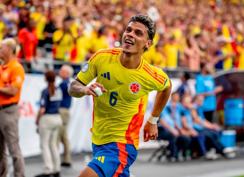 El volante antioqueño Richard Ríos marcó el quinto gol del triunfo 5-0 de la Selección Colombia contra el seleccionado panameño en los cuartos de final de la Copa América 2024. FOTO: JUAN ANTONIO SÁNCHEZ 