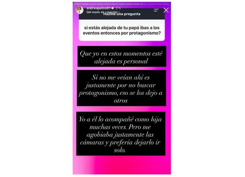 Comunicado de Andrea Petro vía Instagram sobre su relación con su padre, el expresidente Gustavo Petro. 