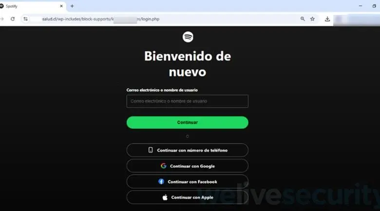Este es un sitio falso de Spotify alojado en la web de un centro odontológico de Chile. FOTO cortesía ESET