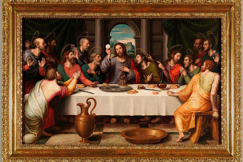 Última cena, obra de Juan de Juanes. Siglo XV. En ella aparece el cáliz de Valencia. Colección de Museo del Prado.